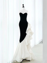 Elegante vestido de fiesta largo de terciopelo negro con corte sirena y plisado, vestido de noche Y8048